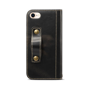 For iPhone 7 / 8 Denior Oil Wax Cowhide DK Magnetic Button Horizontal Flip Leather Case with Holder & Card Slots & Wallet(Black)
