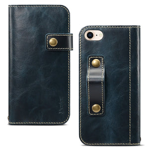 For iPhone 7 / 8 Denior Oil Wax Cowhide DK Magnetic Button Horizontal Flip Leather Case with Holder & Card Slots & Wallet(Dark Blue)