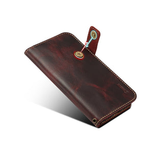 For iPhone 7 / 8 Denior Oil Wax Cowhide DK Magnetic Button Horizontal Flip Leather Case with Holder & Card Slots & Wallet(Dark Red)
