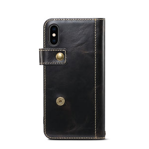 For iPhone X / XS Denior Oil Wax Cowhide DK Magnetic Button Horizontal Flip Leather Case with Holder & Card Slots & Wallet(Black)