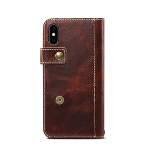 For iPhone X / XS Denior Oil Wax Cowhide DK Magnetic Button Horizontal Flip Leather Case with Holder & Card Slots & Wallet(Brown)