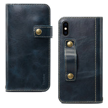 For iPhone X / XS Denior Oil Wax Cowhide DK Magnetic Button Horizontal Flip Leather Case with Holder & Card Slots & Wallet(Dark Blue)