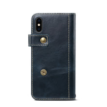 For iPhone X / XS Denior Oil Wax Cowhide DK Magnetic Button Horizontal Flip Leather Case with Holder & Card Slots & Wallet(Dark Blue)