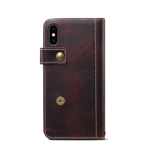 For iPhone X / XS Denior Oil Wax Cowhide DK Magnetic Button Horizontal Flip Leather Case with Holder & Card Slots & Wallet(Dark Red)