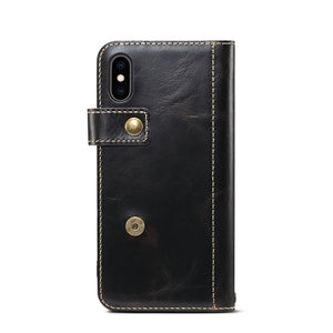 For iPhone XR Denior Oil Wax Cowhide DK Magnetic Button Horizontal Flip Leather Case with Holder & Card Slots & Wallet(Black)