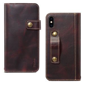 For iPhone XR Denior Oil Wax Cowhide DK Magnetic Button Horizontal Flip Leather Case with Holder & Card Slots & Wallet(Dark Red)
