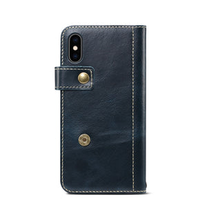 For iPhone XS Max Denior Oil Wax Cowhide DK Magnetic Button Horizontal Flip Leather Case with Holder & Card Slots & Wallet(Dark Blue)