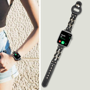 Genuine Leather Female Style Watch Band For Apple Watch Series 8&7 41mm / SE 2&6&SE&5&4 40mm / 3&2&1 38mm(Black)