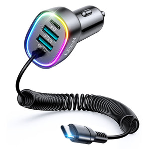JOYROOM JR-CL19 60W 4 in 1 Car Charger with Type-C Coiled Data Cable(Black)