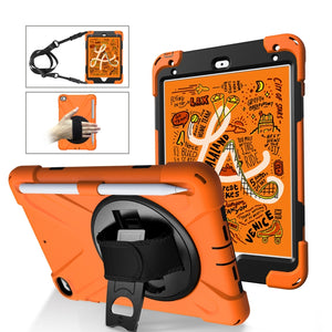For iPad Mini 5 360 Degree Rotation Silicone Protective Cover with Holder & Hand Strap & Long Strap & Pencil Slot(Orange)
