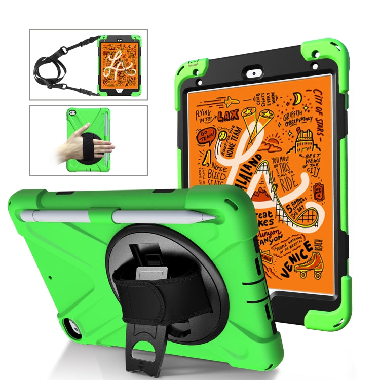 For iPad Mini 5 360 Degree Rotation Silicone Protective Cover with Holder & Hand Strap & Long Strap & Pencil Slot(Grenn)