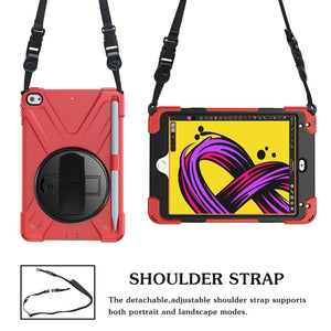 For iPad Mini 5 360 Degree Rotation Silicone Protective Cover with Holder & Hand Strap & Long Strap & Pencil Slot(Red)