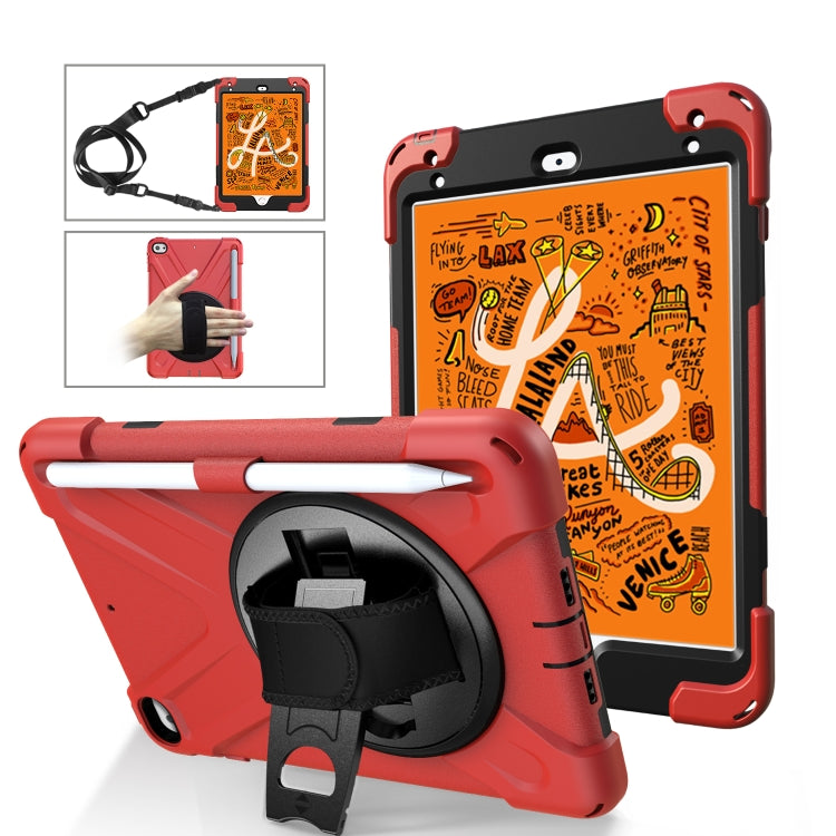 For iPad Mini 5 360 Degree Rotation Silicone Protective Cover with Holder & Hand Strap & Long Strap & Pencil Slot(Red)