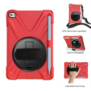 For iPad Mini 5 360 Degree Rotation Silicone Protective Cover with Holder & Hand Strap & Long Strap & Pencil Slot(Red)