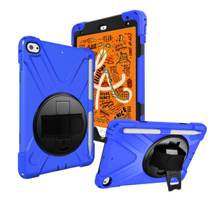 For iPad Mini 5 360 Degree Rotation Silicone Protective Cover with Holder & Hand Strap & Long Strap & Pencil Slot(Blue)