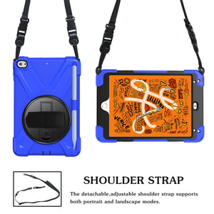 For iPad Mini 5 360 Degree Rotation Silicone Protective Cover with Holder & Hand Strap & Long Strap & Pencil Slot(Blue)