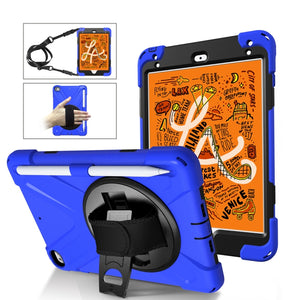 For iPad Mini 5 360 Degree Rotation Silicone Protective Cover with Holder & Hand Strap & Long Strap & Pencil Slot(Blue)