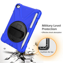 For iPad Mini 5 360 Degree Rotation Silicone Protective Cover with Holder & Hand Strap & Long Strap & Pencil Slot(Blue)