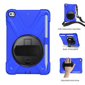 For iPad Mini 5 360 Degree Rotation Silicone Protective Cover with Holder & Hand Strap & Long Strap & Pencil Slot(Blue)