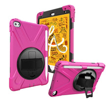 For iPad Mini 5 360 Degree Rotation Silicone Protective Cover with Holder & Hand Strap & Long Strap & Pencil Slot(Rose Red)