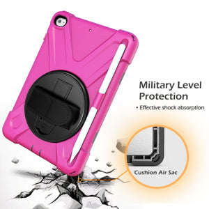 For iPad Mini 5 360 Degree Rotation Silicone Protective Cover with Holder & Hand Strap & Long Strap & Pencil Slot(Rose Red)