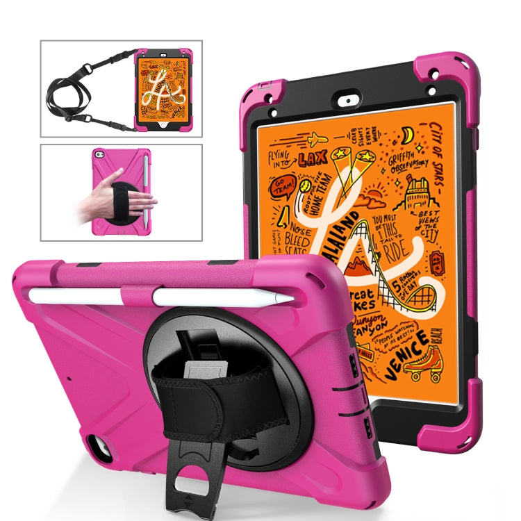 For iPad Mini 5 360 Degree Rotation Silicone Protective Cover with Holder & Hand Strap & Long Strap & Pencil Slot(Rose Red)