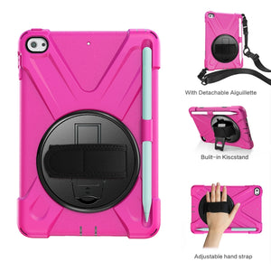 For iPad Mini 5 360 Degree Rotation Silicone Protective Cover with Holder & Hand Strap & Long Strap & Pencil Slot(Rose Red)