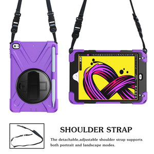 For iPad Mini 5 360 Degree Rotation Silicone Protective Cover with Holder & Hand Strap & Long Strap & Pencil Slot(Purple)