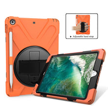 For iPad 9.7 (2018) & (2017) 360 Degree Rotation Silicone Protective Cover with Holder & Hand Strap & Long Strap & Pencil Slot(Orange)