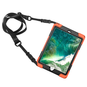 For iPad 9.7 (2018) & (2017) 360 Degree Rotation Silicone Protective Cover with Holder & Hand Strap & Long Strap & Pencil Slot(Orange)