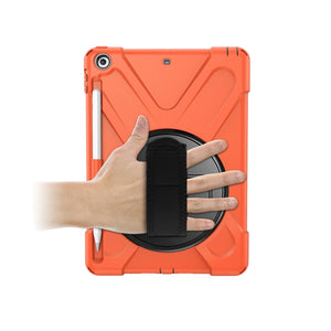For iPad 9.7 (2018) & (2017) 360 Degree Rotation Silicone Protective Cover with Holder & Hand Strap & Long Strap & Pencil Slot(Orange)