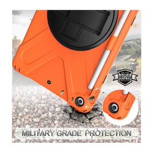 For iPad 9.7 (2018) & (2017) 360 Degree Rotation Silicone Protective Cover with Holder & Hand Strap & Long Strap & Pencil Slot(Orange)