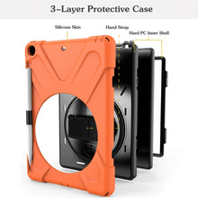 For iPad 9.7 (2018) & (2017) 360 Degree Rotation Silicone Protective Cover with Holder & Hand Strap & Long Strap & Pencil Slot(Orange)