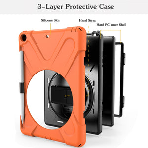 For iPad 9.7 (2018) & (2017) 360 Degree Rotation Silicone Protective Cover with Holder & Hand Strap & Long Strap & Pencil Slot(Orange)
