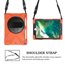 For iPad 9.7 (2018) & (2017) 360 Degree Rotation Silicone Protective Cover with Holder & Hand Strap & Long Strap & Pencil Slot(Orange)