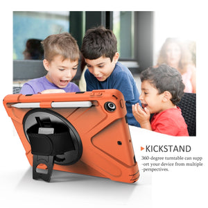 For iPad 9.7 (2018) & (2017) 360 Degree Rotation Silicone Protective Cover with Holder & Hand Strap & Long Strap & Pencil Slot(Orange)