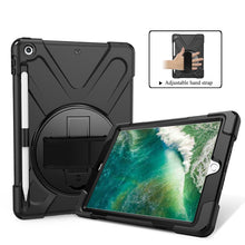For iPad 9.7 (2018) & (2017) 360 Degree Rotation Silicone Protective Cover with Holder & Hand Strap & Long Strap & Pencil Slot(Black)
