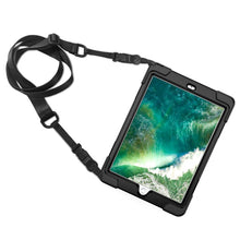 For iPad 9.7 (2018) & (2017) 360 Degree Rotation Silicone Protective Cover with Holder & Hand Strap & Long Strap & Pencil Slot(Black)