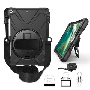 For iPad 9.7 (2018) & (2017) 360 Degree Rotation Silicone Protective Cover with Holder & Hand Strap & Long Strap & Pencil Slot(Black)