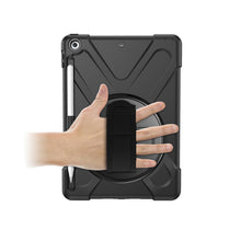 For iPad 9.7 (2018) & (2017) 360 Degree Rotation Silicone Protective Cover with Holder & Hand Strap & Long Strap & Pencil Slot(Black)