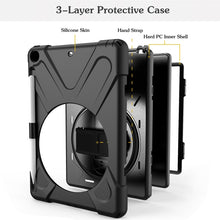 For iPad 9.7 (2018) & (2017) 360 Degree Rotation Silicone Protective Cover with Holder & Hand Strap & Long Strap & Pencil Slot(Black)