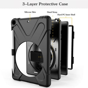 For iPad 9.7 (2018) & (2017) 360 Degree Rotation Silicone Protective Cover with Holder & Hand Strap & Long Strap & Pencil Slot(Black)