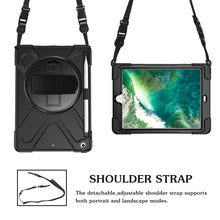 For iPad 9.7 (2018) & (2017) 360 Degree Rotation Silicone Protective Cover with Holder & Hand Strap & Long Strap & Pencil Slot(Black)