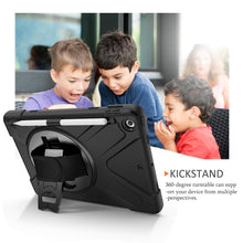For iPad 9.7 (2018) & (2017) 360 Degree Rotation Silicone Protective Cover with Holder & Hand Strap & Long Strap & Pencil Slot(Black)