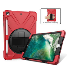 For iPad 9.7 (2018) & (2017) 360 Degree Rotation Silicone Protective Cover with Holder & Hand Strap & Long Strap & Pencil Slot(Red)