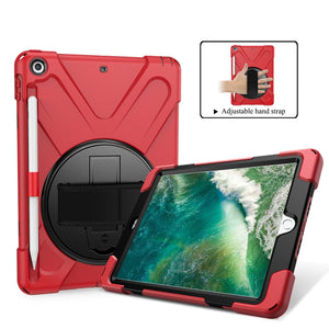 For iPad 9.7 (2018) & (2017) 360 Degree Rotation Silicone Protective Cover with Holder & Hand Strap & Long Strap & Pencil Slot(Red)