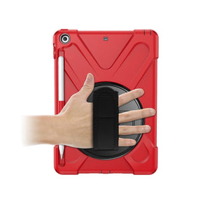 For iPad 9.7 (2018) & (2017) 360 Degree Rotation Silicone Protective Cover with Holder & Hand Strap & Long Strap & Pencil Slot(Red)