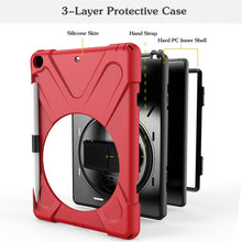 For iPad 9.7 (2018) & (2017) 360 Degree Rotation Silicone Protective Cover with Holder & Hand Strap & Long Strap & Pencil Slot(Red)
