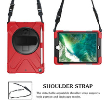 For iPad 9.7 (2018) & (2017) 360 Degree Rotation Silicone Protective Cover with Holder & Hand Strap & Long Strap & Pencil Slot(Red)