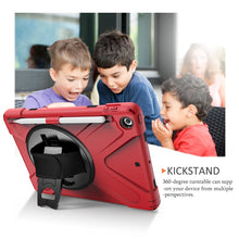 For iPad 9.7 (2018) & (2017) 360 Degree Rotation Silicone Protective Cover with Holder & Hand Strap & Long Strap & Pencil Slot(Red)